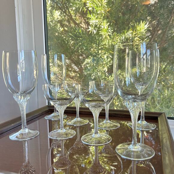 Vintage Twisted Stem Crystal American Cut Roberto Water & Coupe Glasses Set 8 - Picture 13 of 15